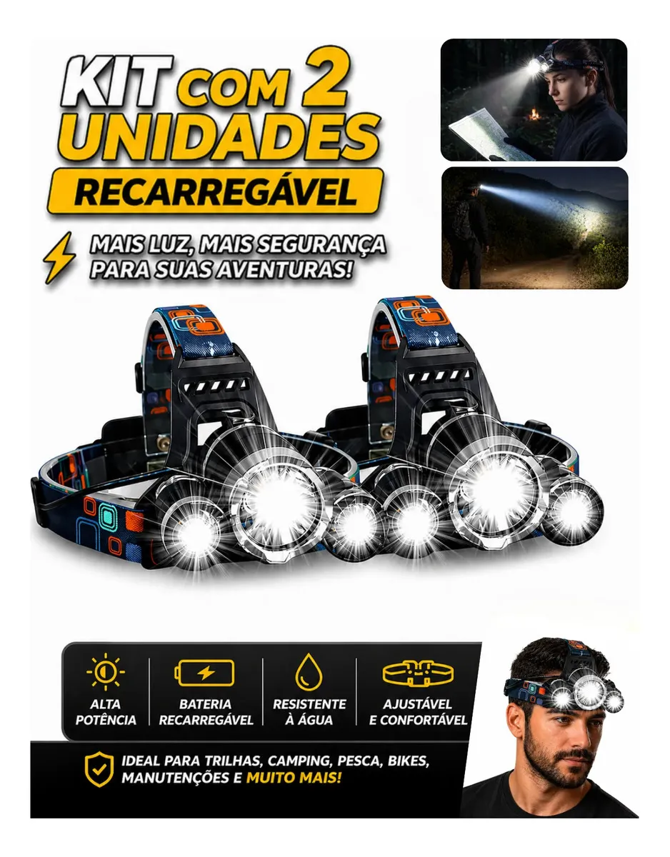 Kit 2 Lanternas de Cabeça LED Recarregáveis