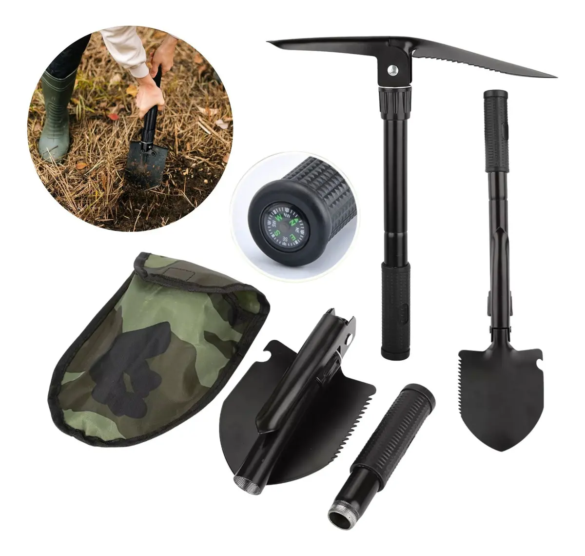 Kit Pá e Picareta Militar Dobrável Multifuncional