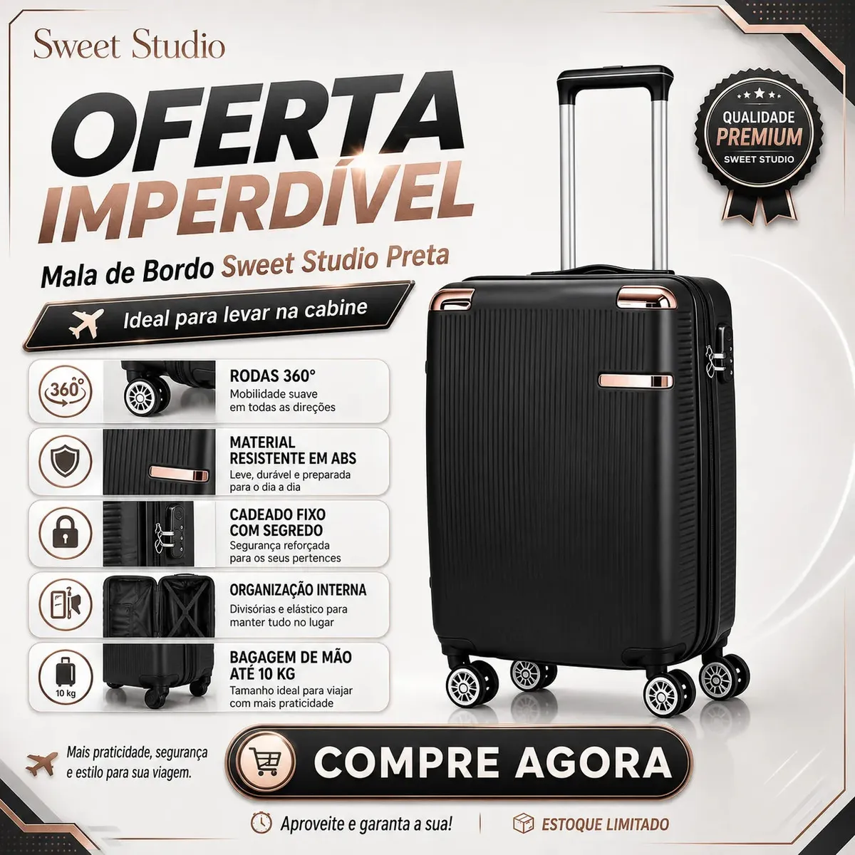 Mala de Bordo Rígida ABS 360 Graus